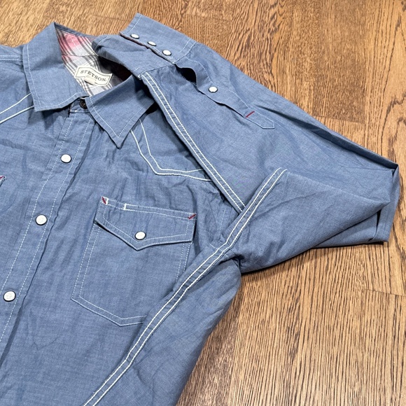 Stetson Chambray Western Pearl Snap Blue L/S Button Shirt Mens Large - Picture 7 of 13